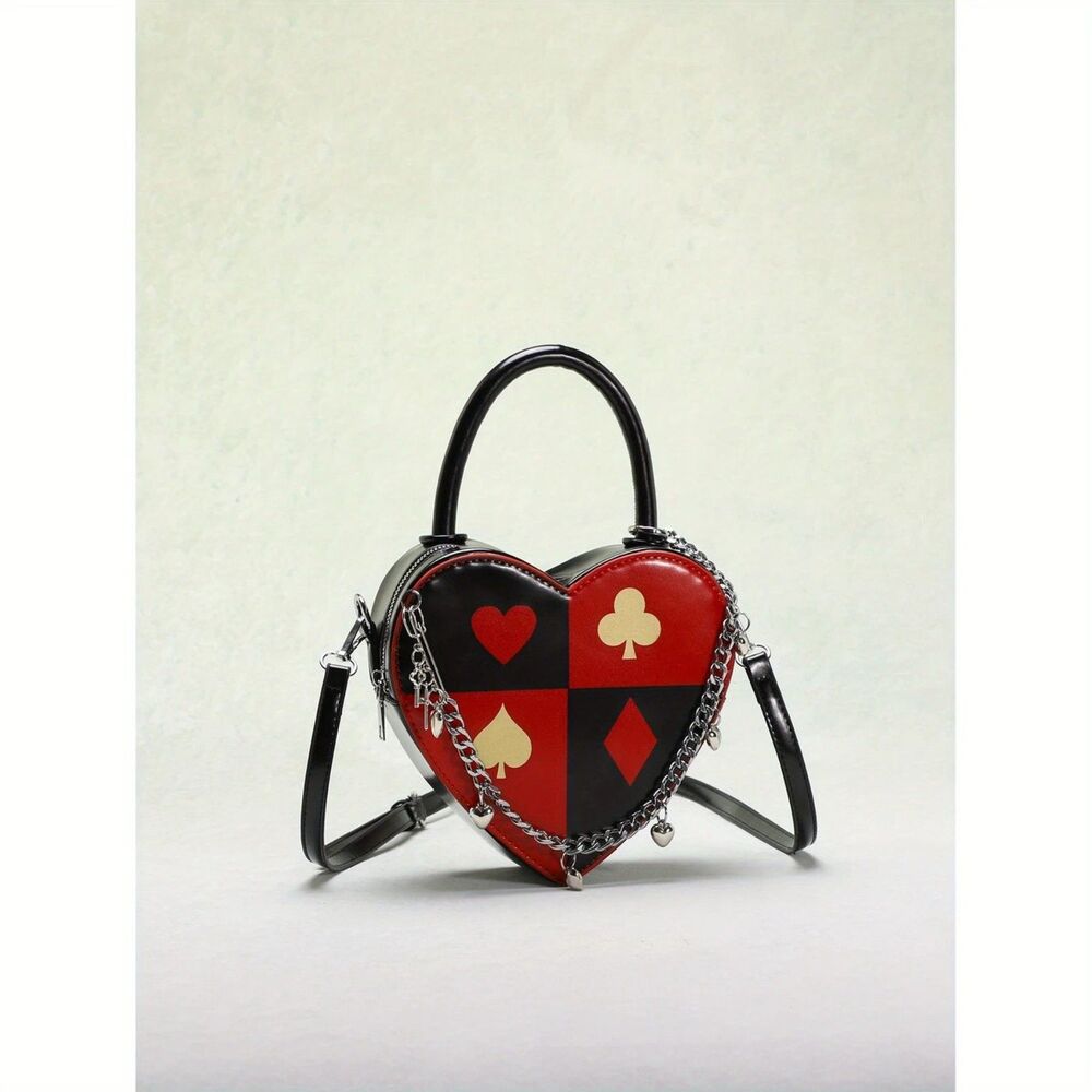 Harley Quinn Style Heart-Shaped Card Suits Crossbody Bag  with chain decor